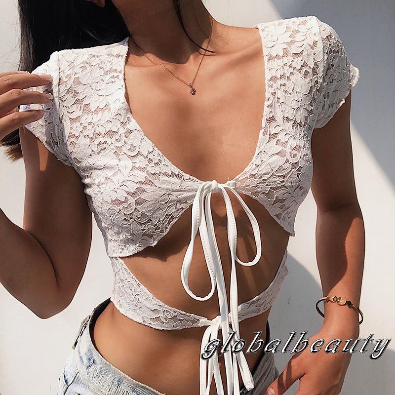 Áo Croptop Tay Ngắn Phối Ren Hoa Thiết Kế Quyến Rũ Cho Nữ