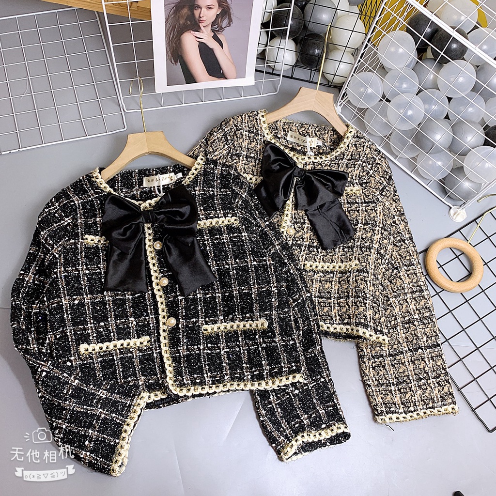Áo dạ kẻ Tweed kèm nơ 2 màu siêu xinh