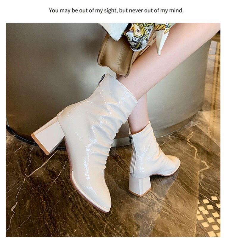 [Có sẵn] Mã B083 Bốt nữ cổ ngắn da bóng nhăn cao cấp gót cao 6p có lót lông fullbox