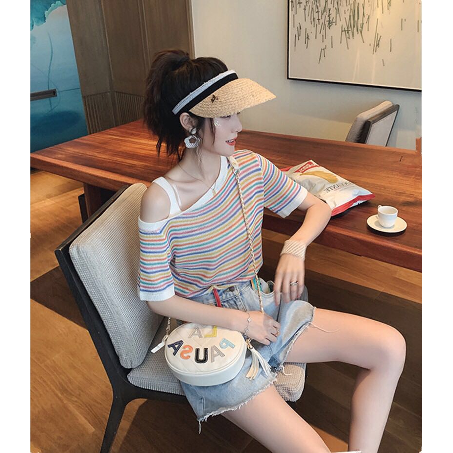 Silk Panya T-shirt Wind Shoulder Knitted Summer Inclined Rainbow 2019 Stripe Top Dress Ice Short New Sleeve Thin of | BigBuy360 - bigbuy360.vn