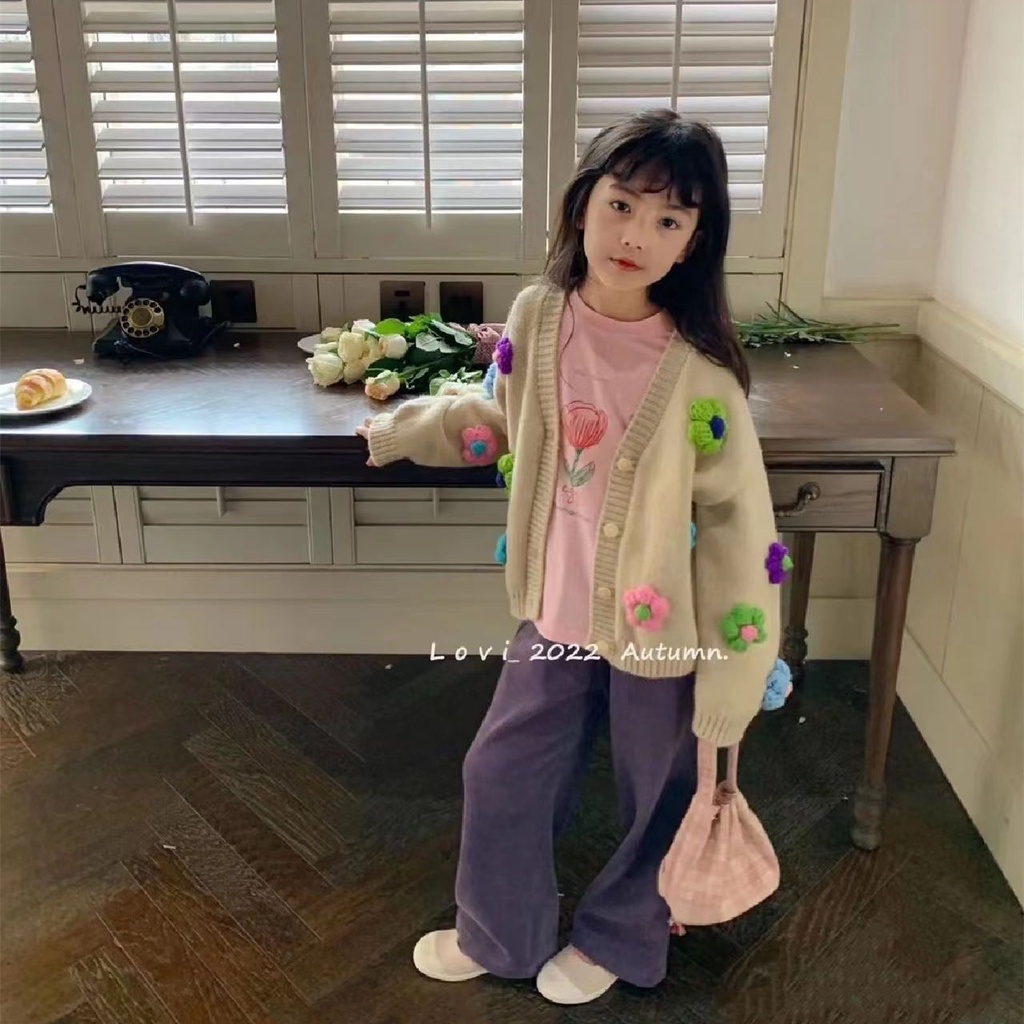 Áo Khoác Cardigan Dệt Kim Ba Chiều Tay Dài Phong Cách Hàn Quốc Ngọt Ngào Thời Trang Mùa Thu 2022 Mới Dành Cho Bé Gái TNRZ
