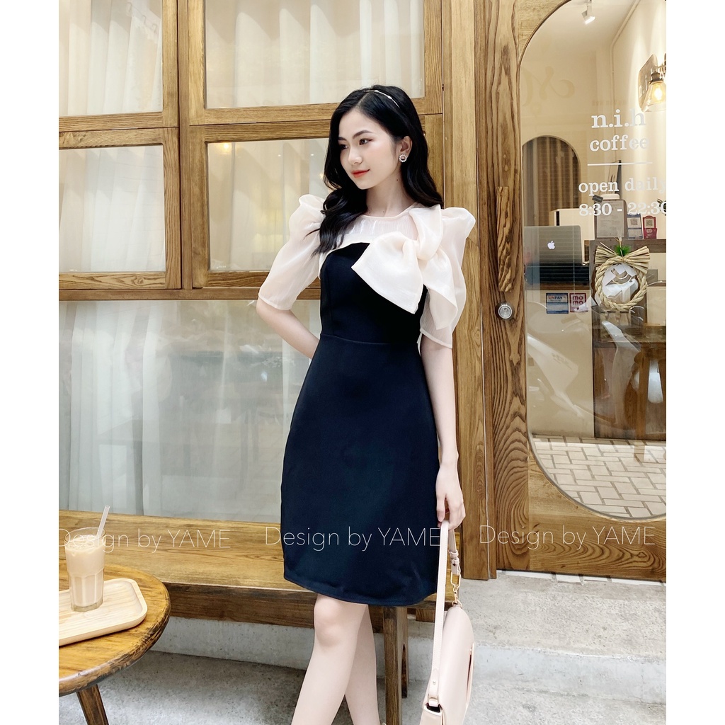 Váy đầm nữ ngắn tay công sở dáng chữ A phối tơ óng cao cấp Suzy Dress YAME