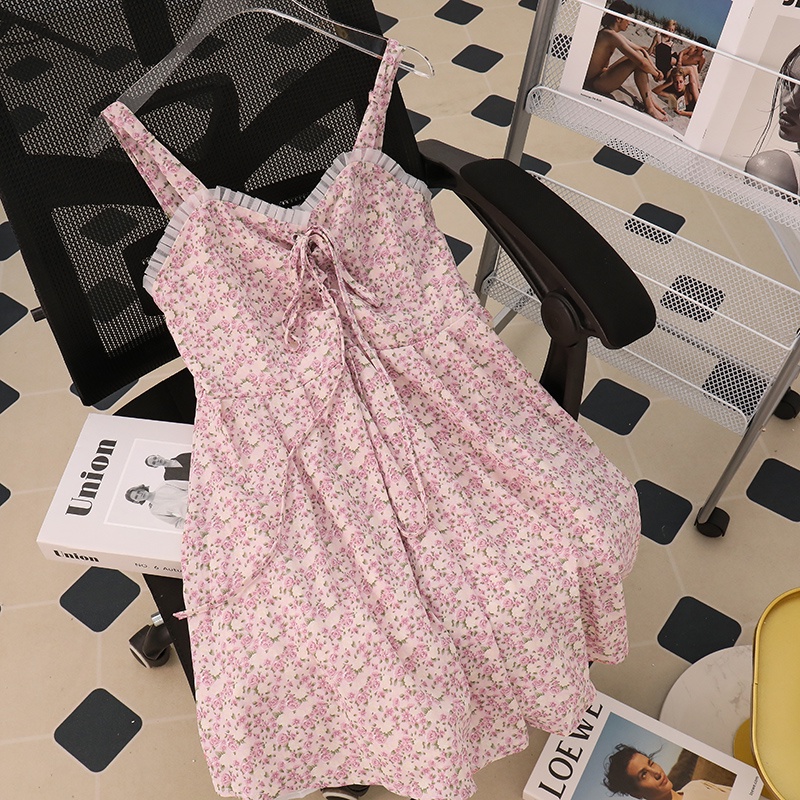 NUZIRO  Đầm Hoa Hai Dây Cổ Chữ V Màu Hồng Phong Cách Retro Hàng Mới Dành Cho Nữ