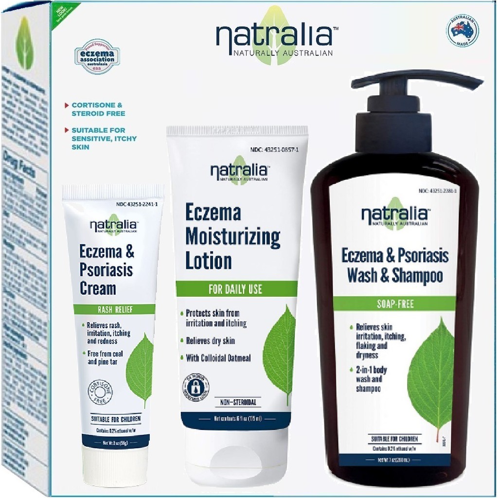 Combo sữa tắm dầu gội kem dưỡng dành cho chàm da vảy nến á sừng tổ đỉa Natralia Úc Eczema Cream 56g Lotion Shampoo 200mL