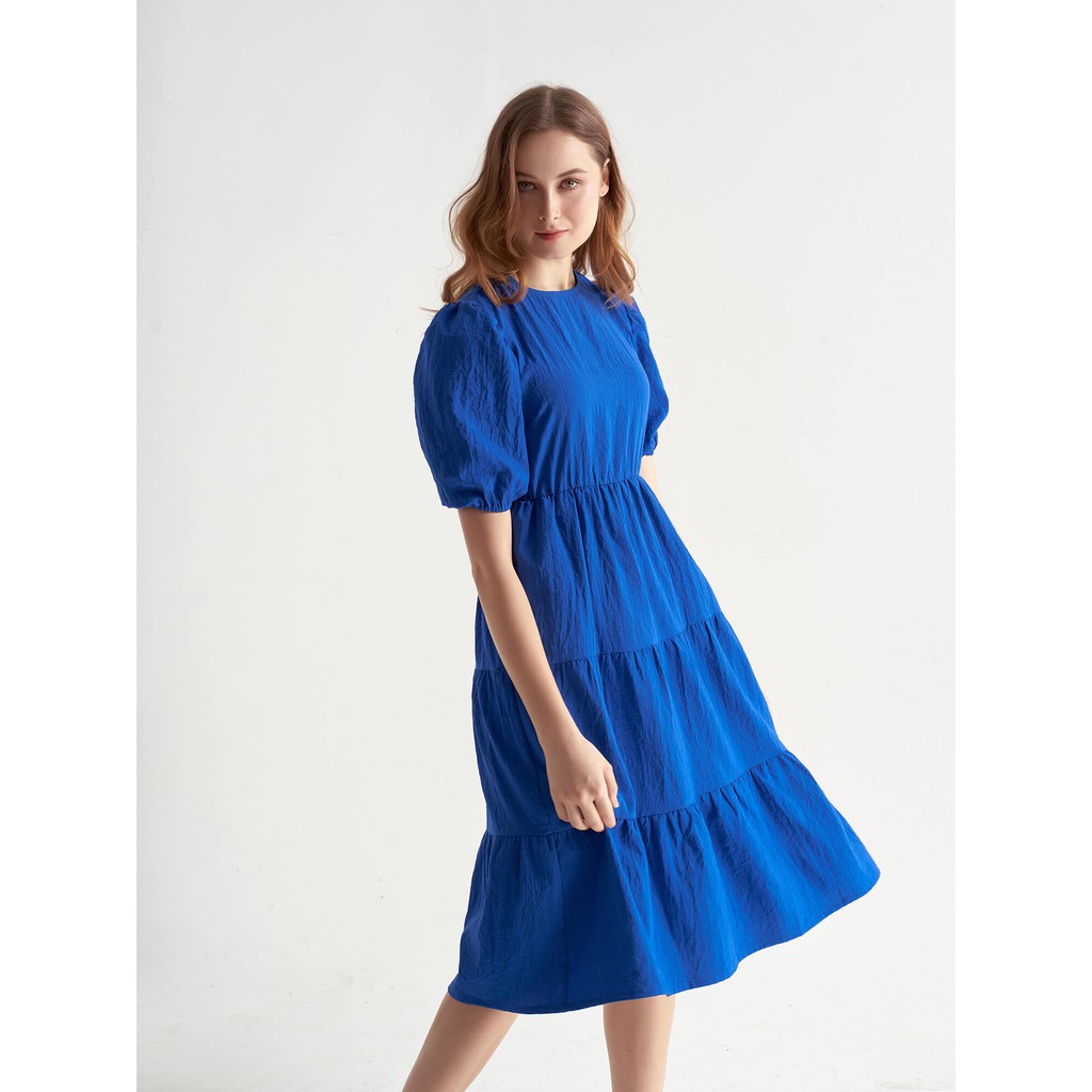 Đầm xanh Sappire váy tầng nữ YV LE & CO vải tơ gợn sóng nữ tính, trẻ trung | BigBuy360 - bigbuy360.vn