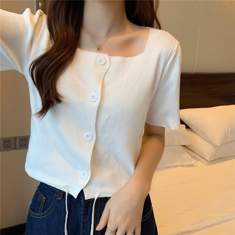 Áo Dệt Kim Tay Ngắn Cổ Vuông Phối Dây Rút Thời Trang Trẻ Trung