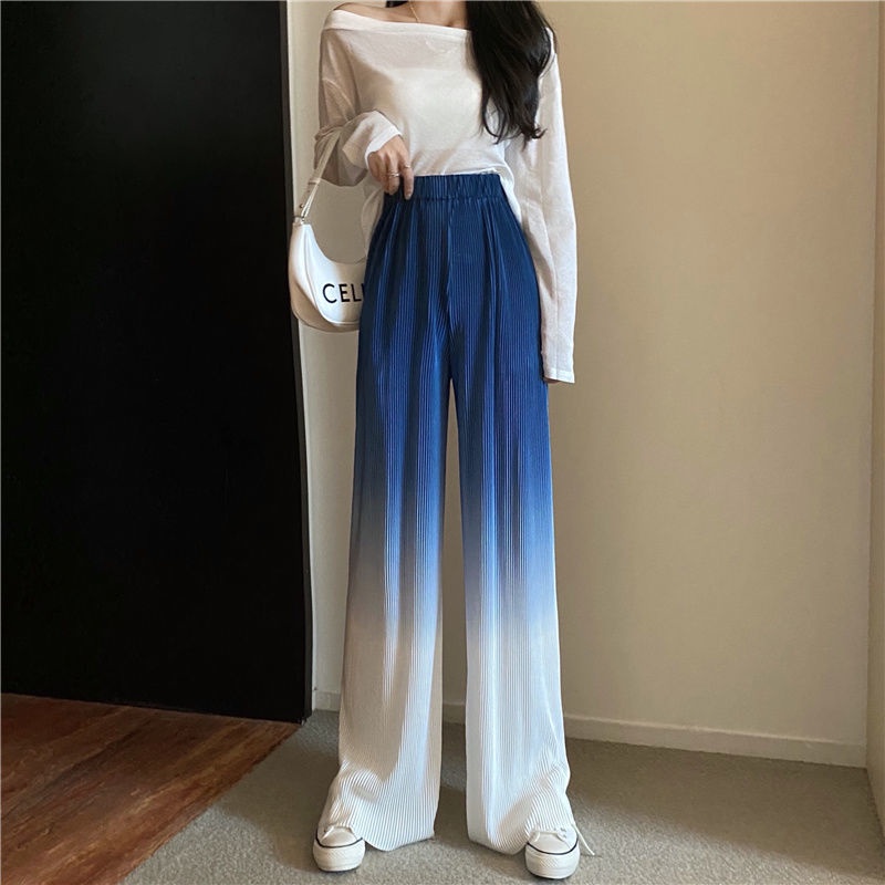 Jiashucheng Hàng Có Sẵn Quần Ống Rộng Lưng Cao Xếp Ly Nhuộm Màu Gradient Phong Cách Mới Dễ Phối Đồ Cho Nữ