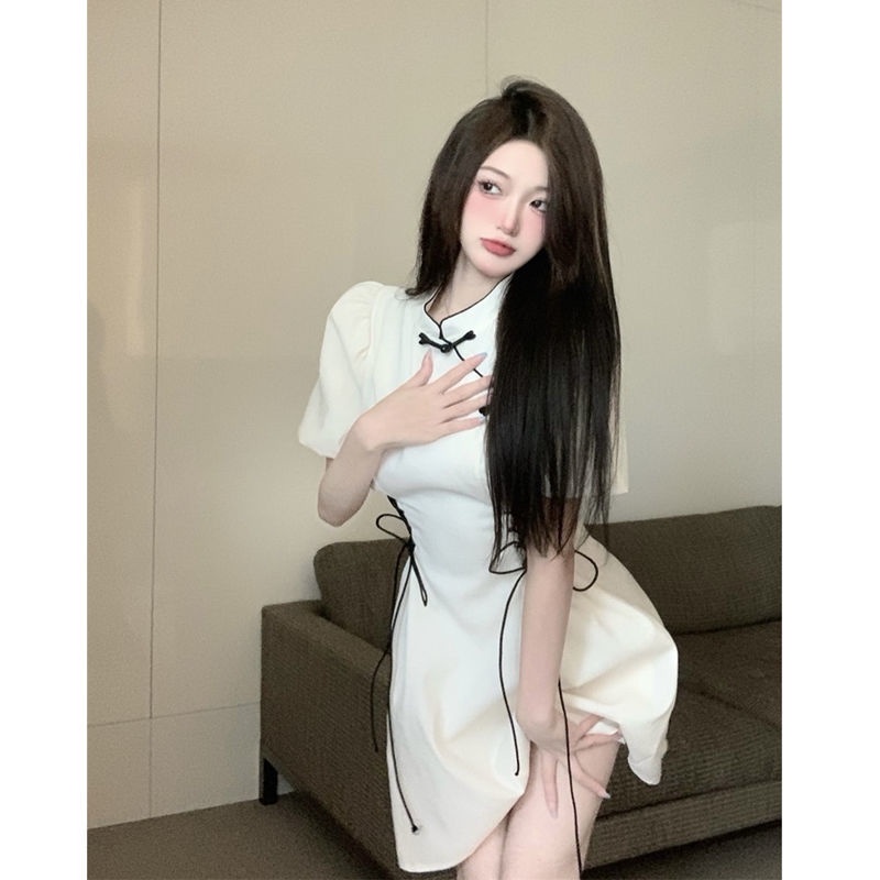 Đầm sườn xám cách tân tay phồng dáng chữ A thời trang mùa hè 2022 dành cho nữ