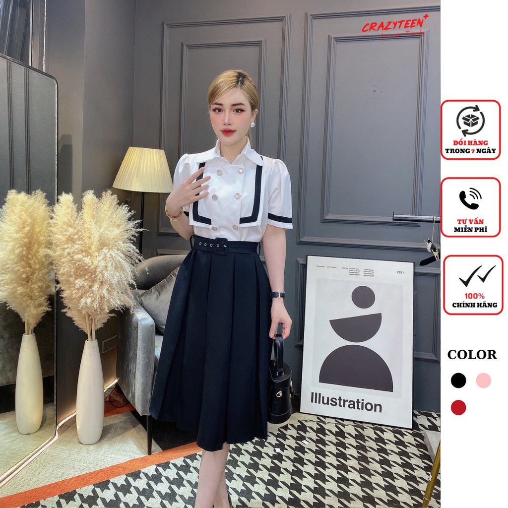 Set bộ 3 món nữ CRAZYTEEN áo sơ mi tay con chân váy dài kèm belt S0745