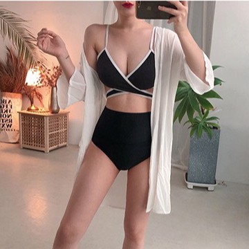 Bikini 2 mảnh áo hai dây đen viền trắng cột eo mix quần lưng cao đen