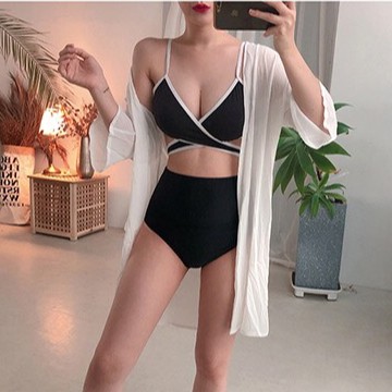 Set bikini 2 mảnh áo hai dây đen viền trắng cột eo mix quần lưng cao đen