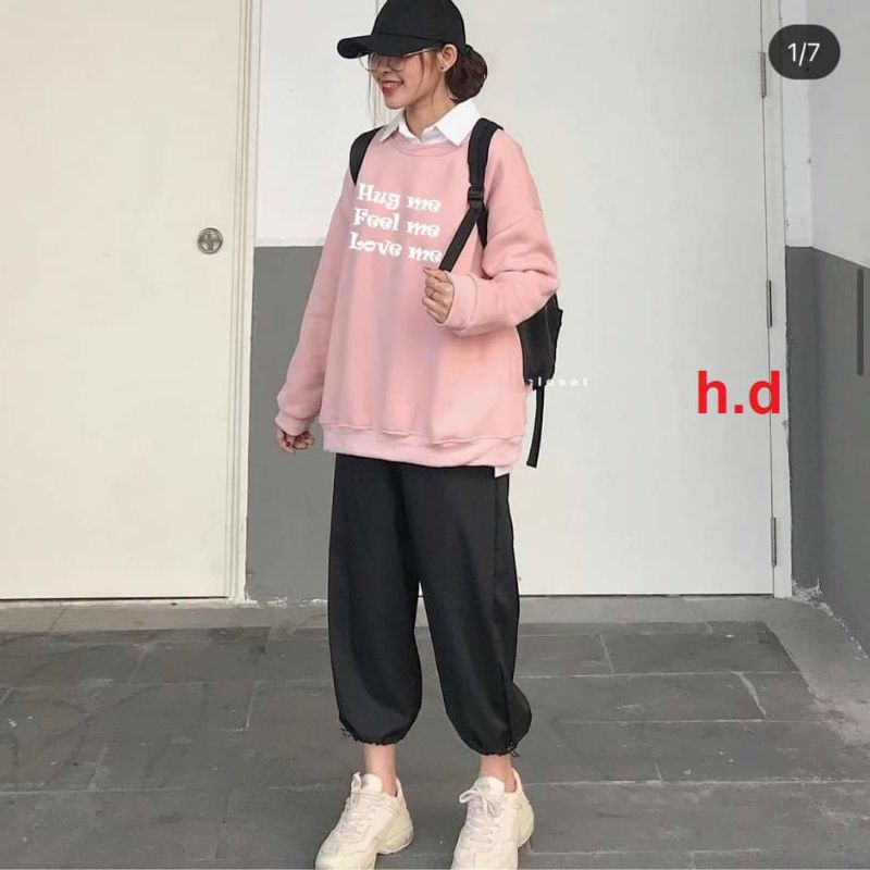 Sét Bộ thu đông nam nữ SWeater HUG Ulzzang tay bồngÁo thun dài tayĐồ mặc nhà Unisex giữ nhiệt ấm áp