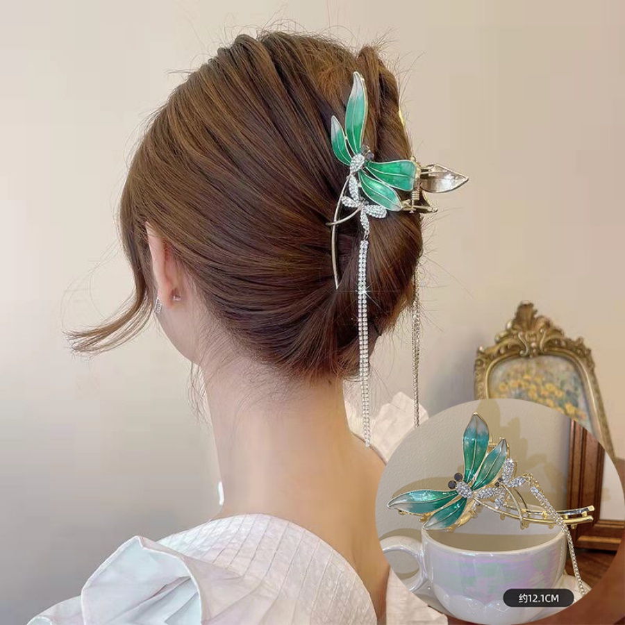 Kẹp Tóc Đuôi Ngựa Bằng Kim Loại Hình Chuồn Chuồn Đính Đá Pha Lê Xanh Lá Phong Cách Hàn Quốc