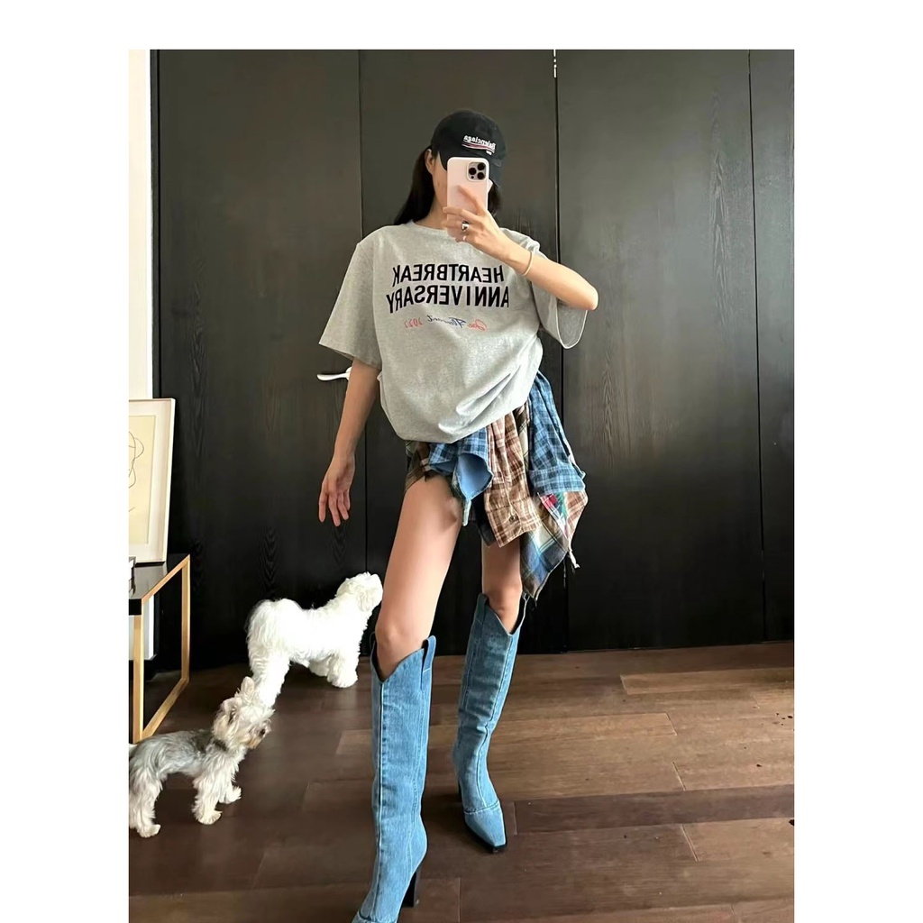 Giày Bốt Denim Cao Gót Cổ Cao Qua Gối Phong Cách Châu Âu