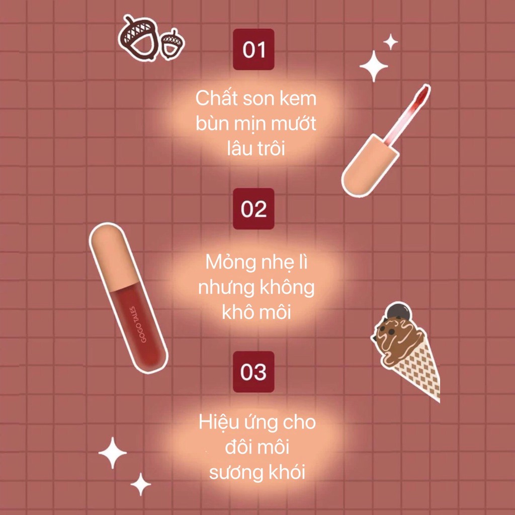 Son kem bùn GOGO TALES hạt dẻ mềm mướt mịn lì lâu trôi hot trend Ice Cream Lip Puree GOGO59