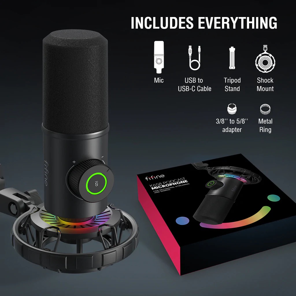 FIFINE K658 - Hàng Chính Hãng - Mic Thu Âm cổng USB - Đổi Màu RGB - Dành Cho Máy tính