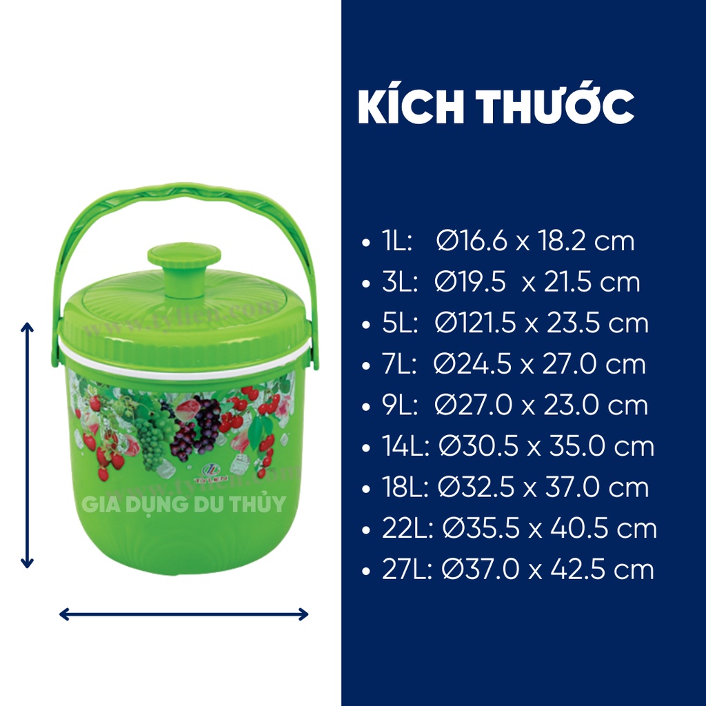 Bình đựng nước đá tròn Tý Liên có quai xách size nhỏ 1L, 3L, 5L giữ lạnh 24h nhựa chính phẩm an toàn thương hiệu Tý Liên