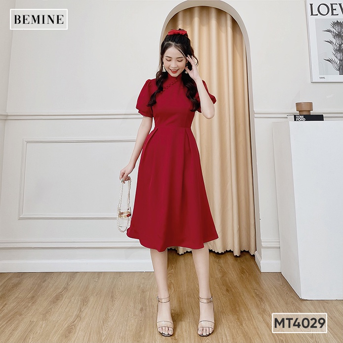 Đầm cổ tàu tay bồng tùng xòe BEMINE MT4029ĐO
