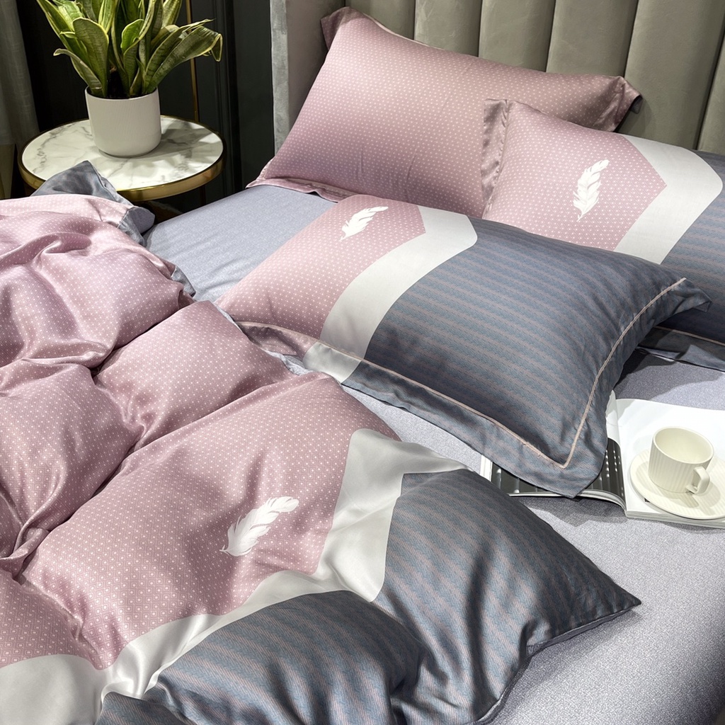 Bộ chăn ga gối lụa Tencel 100% 60s 5 món, siêu mát mịn, họa tiết hoa lá 3D sang trọng 2023 Hot selling