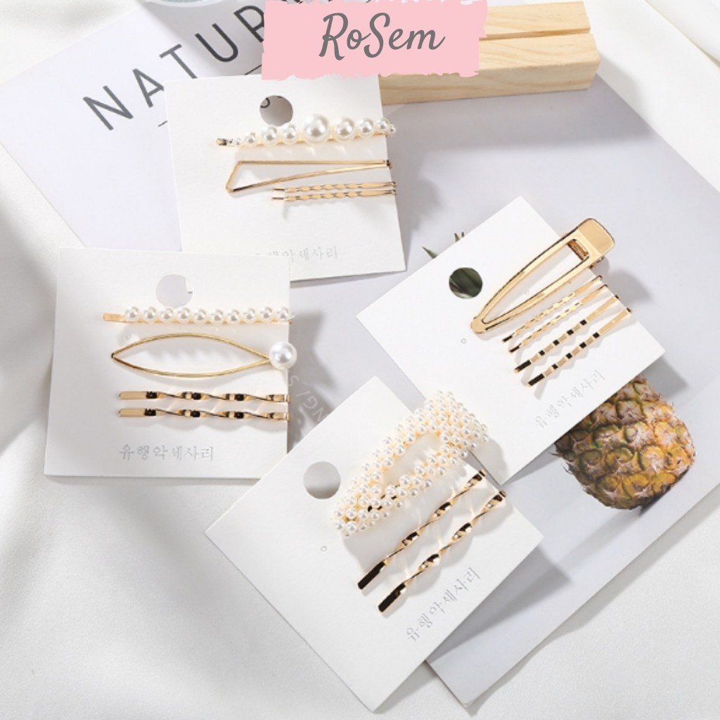 Set kẹp tóc kim loại gắn hạt trai thanh lịch