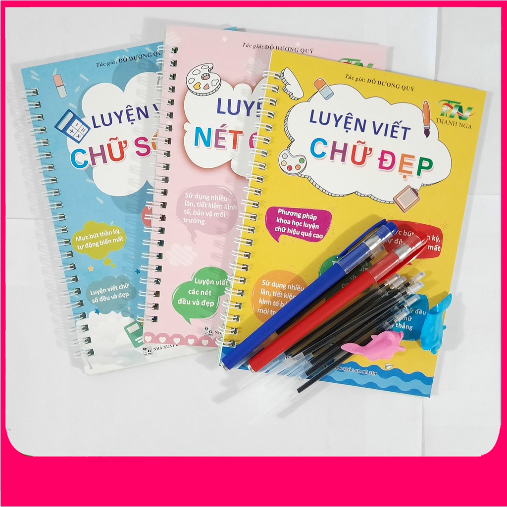 Bộ 3 Quyển Tập Viết Luyện Nét Luyện Chữ Luyện Số Tự Xóa Thông Minh Cho Bé (2 bút, 2 cá, 8 ngòi)
