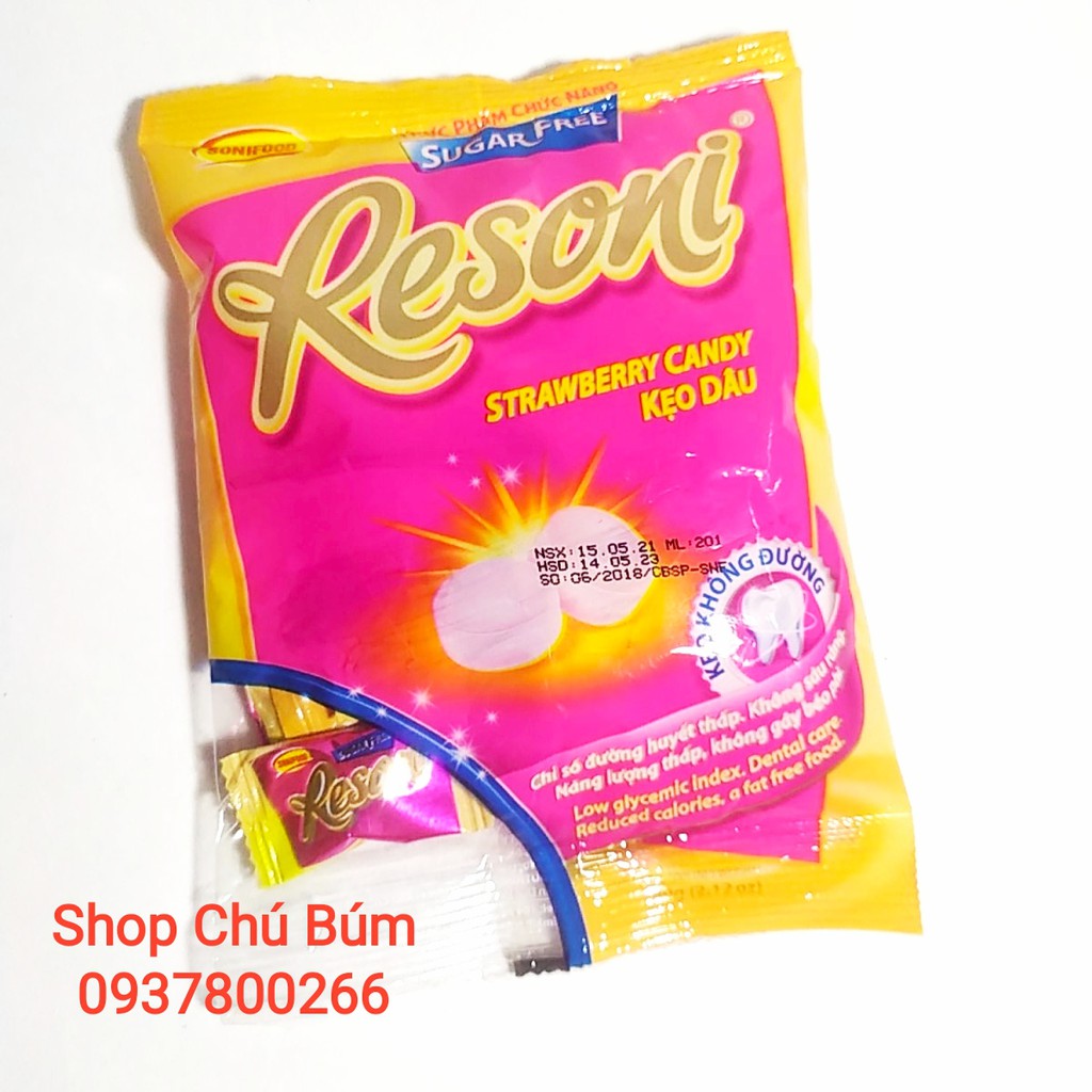 [ HCM Giao Hỏa Tốc] Kẹo Dâu không đường Resoni túi 60g-  Kẹo dành cho người tiểu đường, ăn kiêng