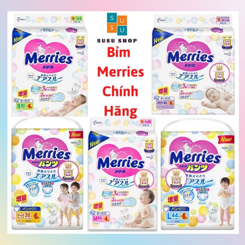 Bỉm Merries Cộng Miếng Nội Địa/Nhập Khẩu Dán/Quần đủ size Newborn96/S88/M58/M64/L44/L56/XL38/XL50