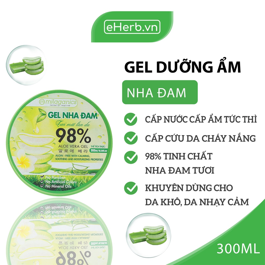 Gel Nha Đam Dưỡng Ẩm &amp; Làm Mềm Da - Gel Lô Hội 98% Aloe Vera Gel MILAGANICS 300ml (Hũ)