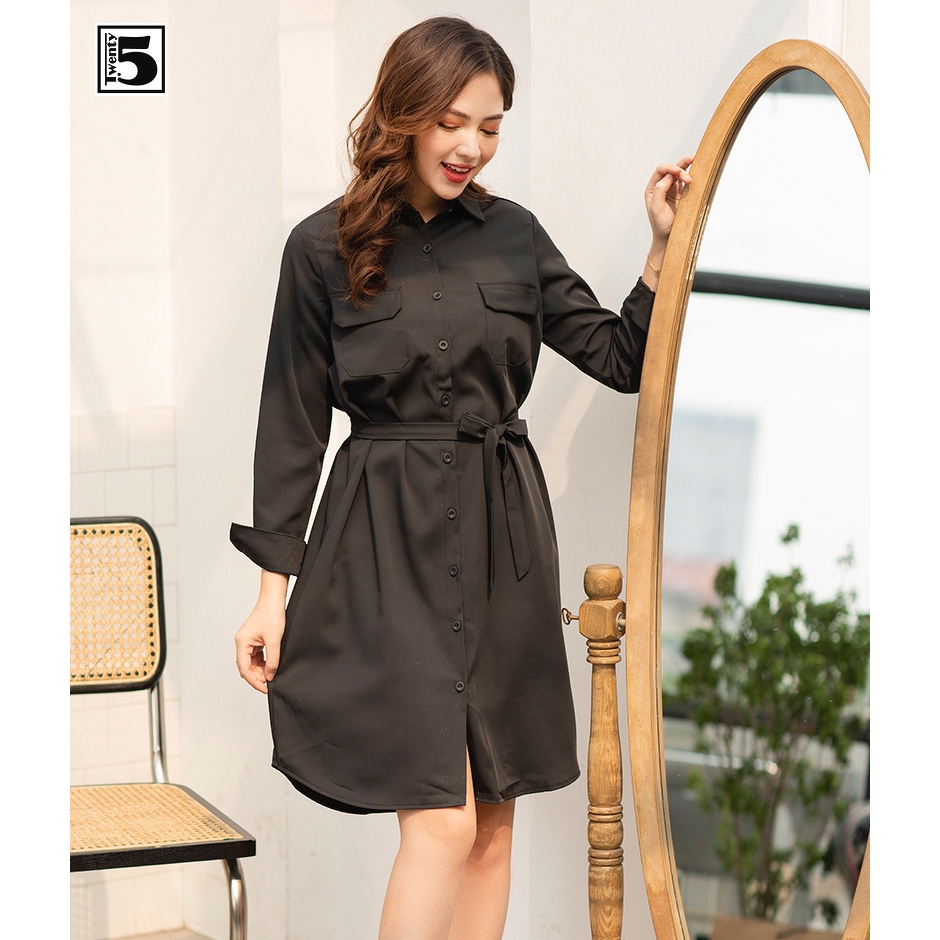 Đầm sơ mi cổ đức 2 túi dây buộc eo Twentyfive T223