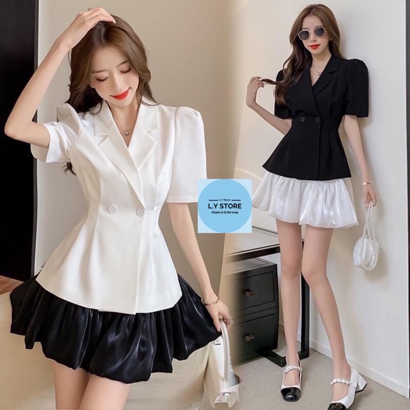 Set Áo cổ vest tay bồng Chân váy voan siêu hot