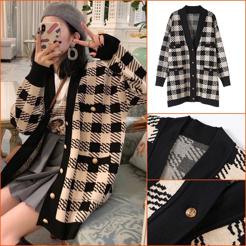 Áo Khoác Len Cardigan Nữ JULILO Kẻ Dài Tay Phong Cách Hàn Quốc Dày Dặn - Mã 041
