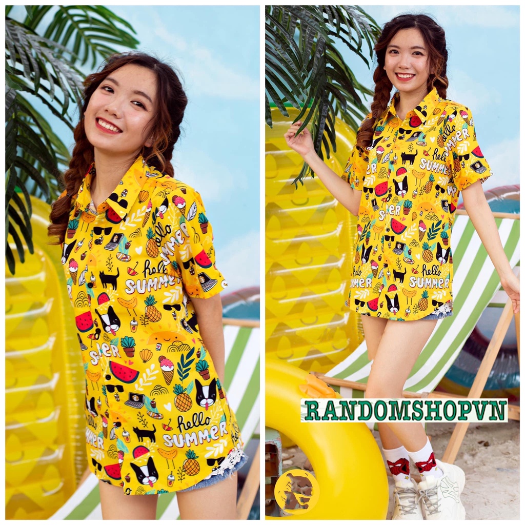 Áo sơ mi họa tiết hello summer đi biển chất liệu kate lụa vải mềm mịn mát hàng có sẵn giao hàng nhanh chóng.
