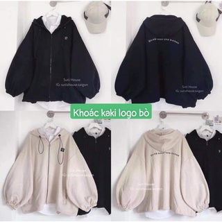 ￼Áo Khoác Kaki Logo Bò Sữa Thêu Chữ Lưng Form Rộng Dây Rút