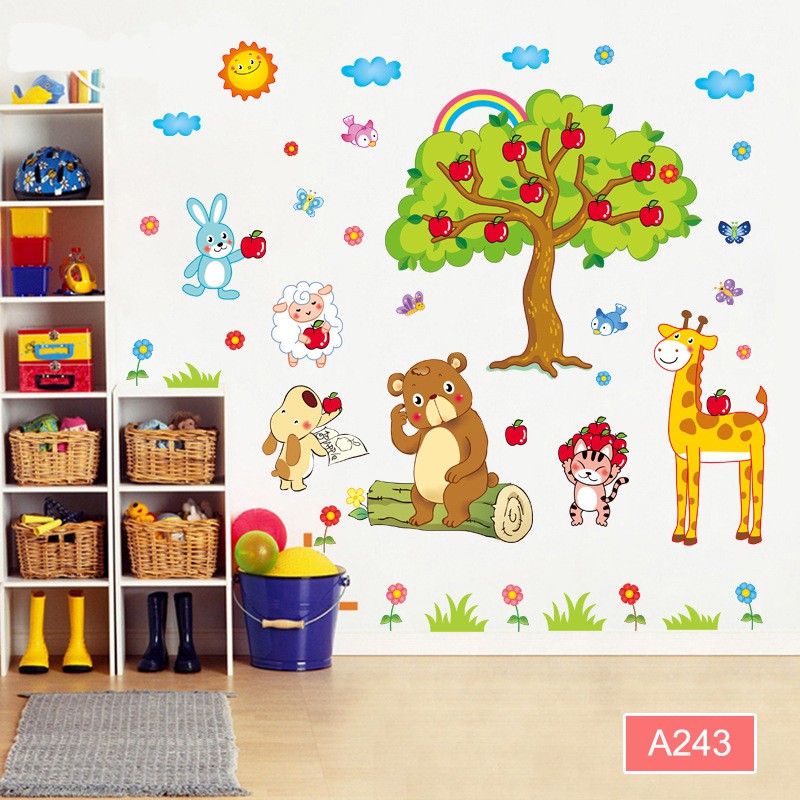 Tranh dán tường cho bé mẫu con vật hoạt hình ngộ nghĩnh , Decal trang trí phòng
