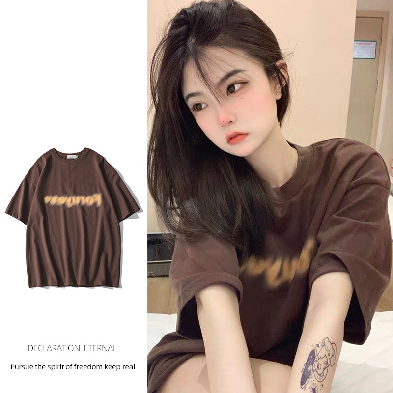 SUXI Áo Thun Ngắn Tay Cổ Tròn Dáng Rộng In Họa Tiết Đơn Giản Cá Tính Cho Nữ Mùa Hè