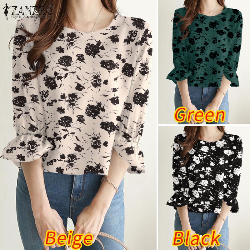 Zanzea Áo Cánh Tay Phồng 3 / 4 Cổ Tròn In Họa Tiết Thời Trang Mùa Hè Cho Nữ