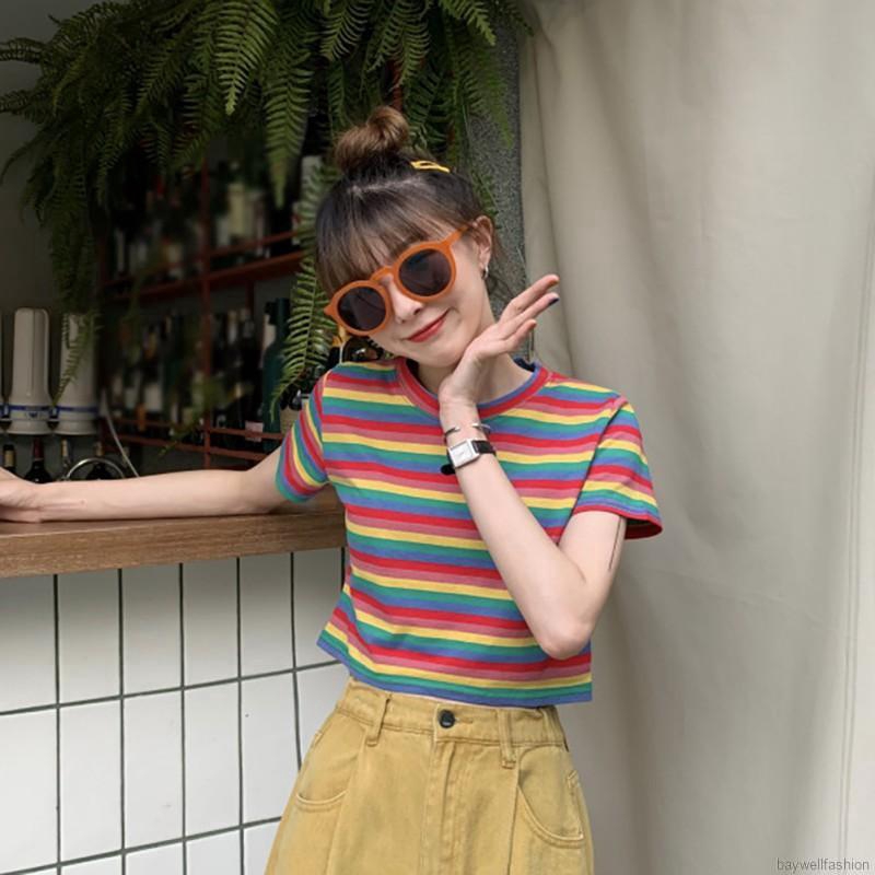 [Baywellfashion]Áo thun tay ngắn cổ tròn hoạ tiết kẻ sọc màu cầu vồng | BigBuy360 - bigbuy360.vn