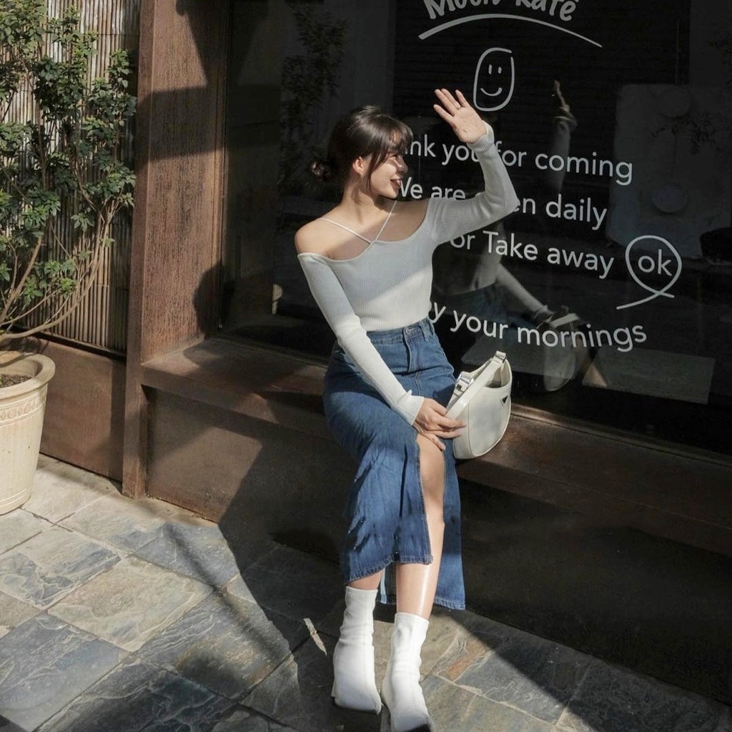 [FREESHIP] Áo len tăm trễ vai phối dây cách điệu (hàng QC) - Ảnh thật