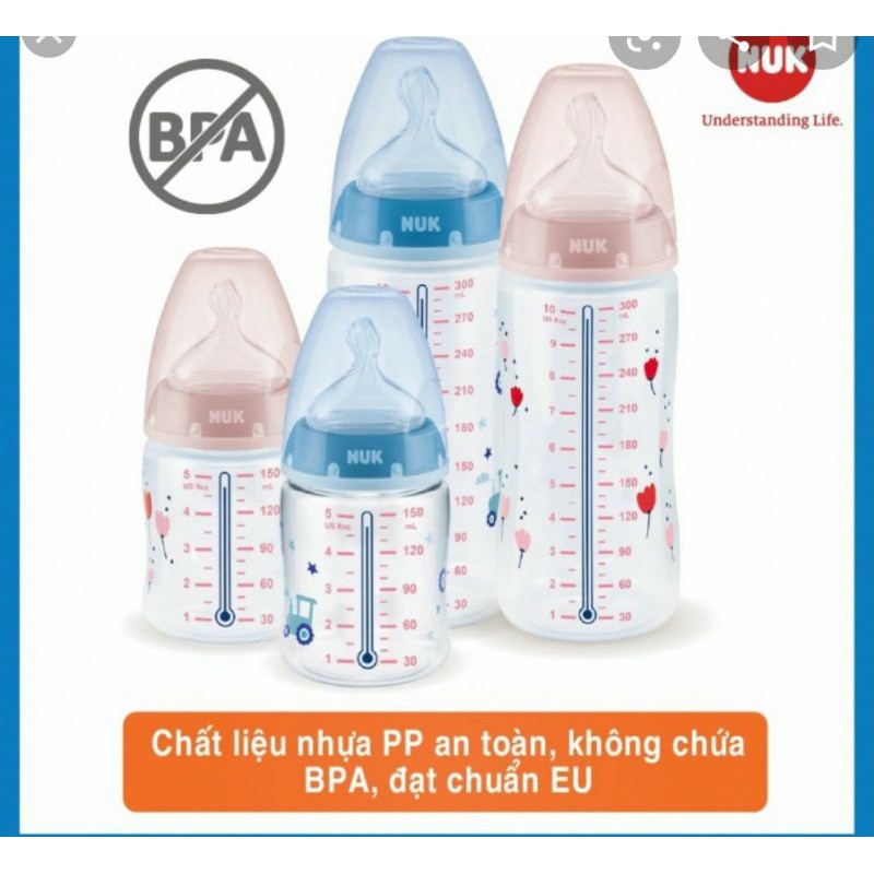 Bình sữa cảm biến nhiệt NUK nhựa PP cao cấp chuẩn EU núm ti silicone chỉnh nha 150ml, 300ml