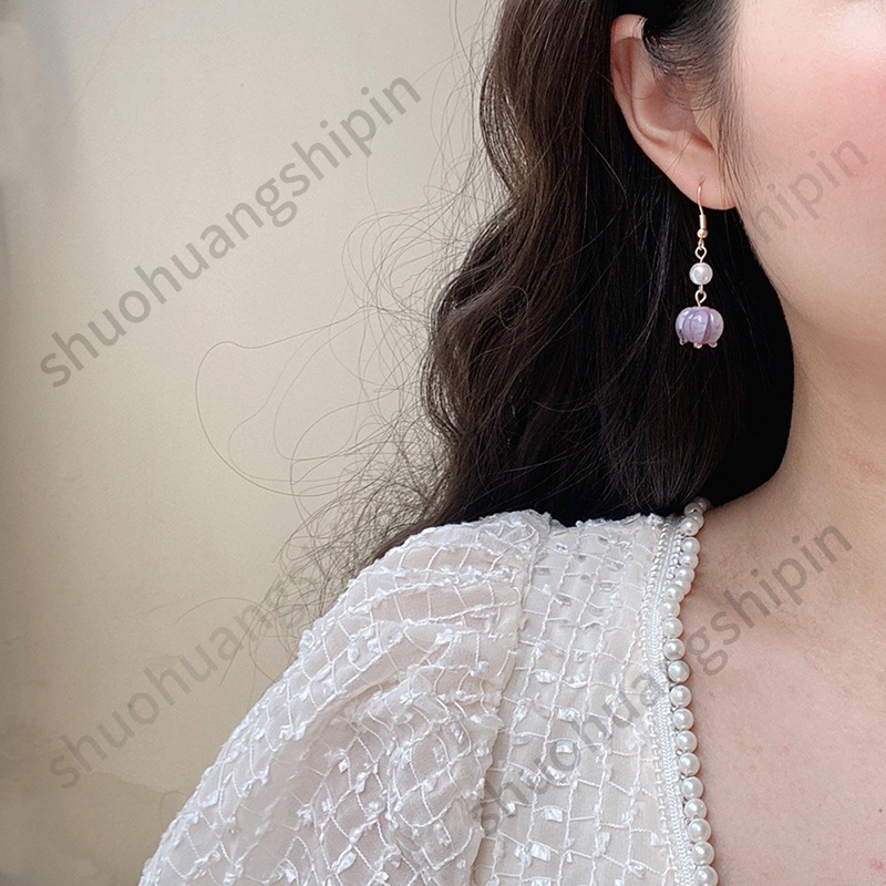 Khuyên Tai Dáng Dài Hình Hoa Tulip Đính Ngọc Trai Nhân Tạo Phong Cách Mới Thanh Lịch