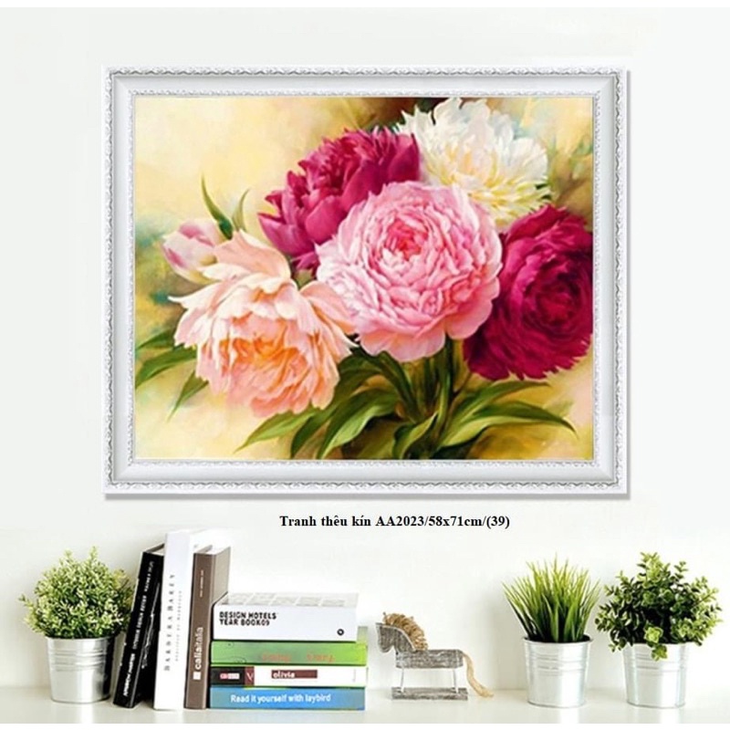 tranh thêu chữ thập hoa mẫu đơn đẹp AA2023 (60x75) - tranh chưa thêu
