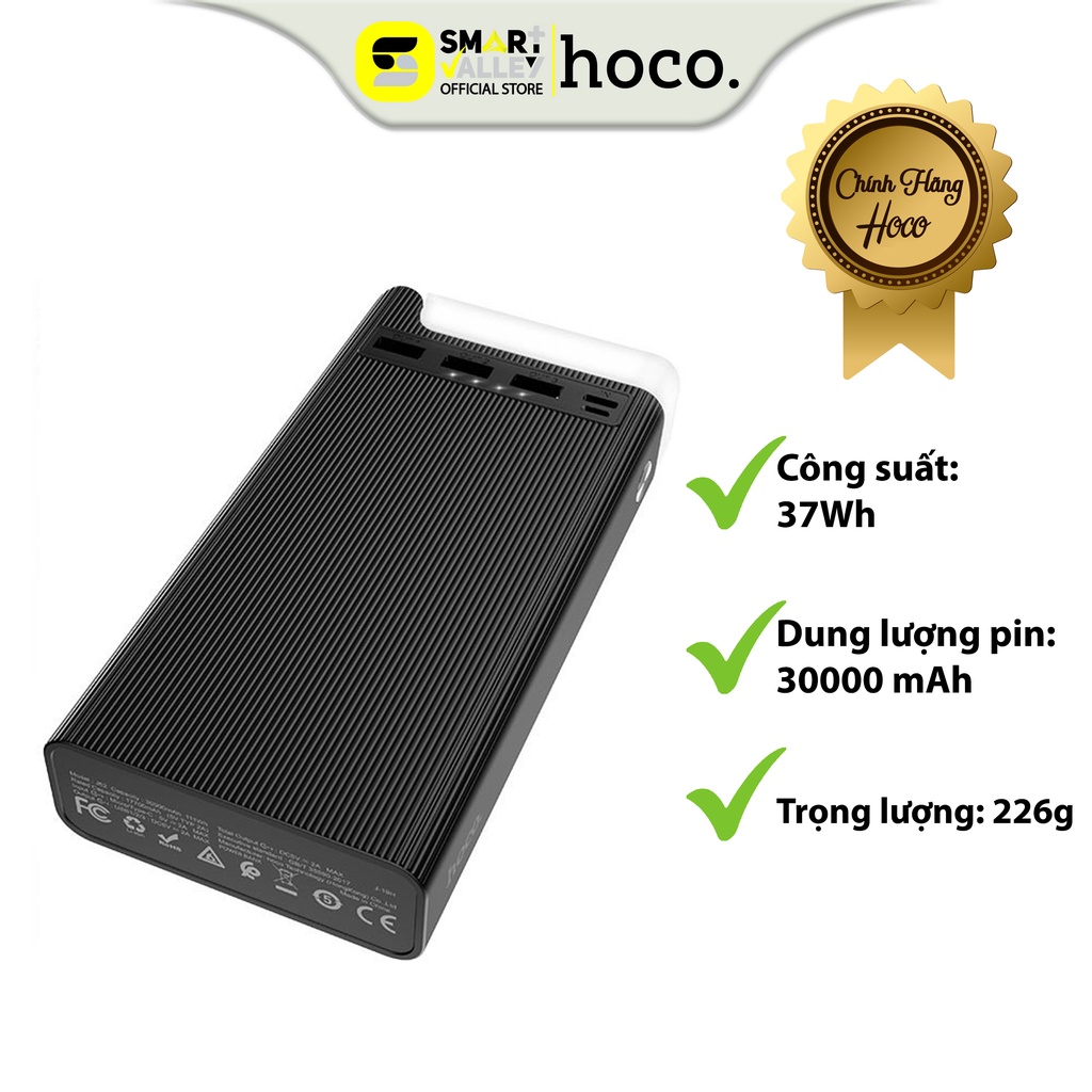 Pin Sạc Dự Phòng Hoco J62 - Dung Lượng 30.000mAh - Có Đèn LED - Có 3 Cổng 2 USB và 1 Type C - Chất Liệu Chống Cháy ABS.