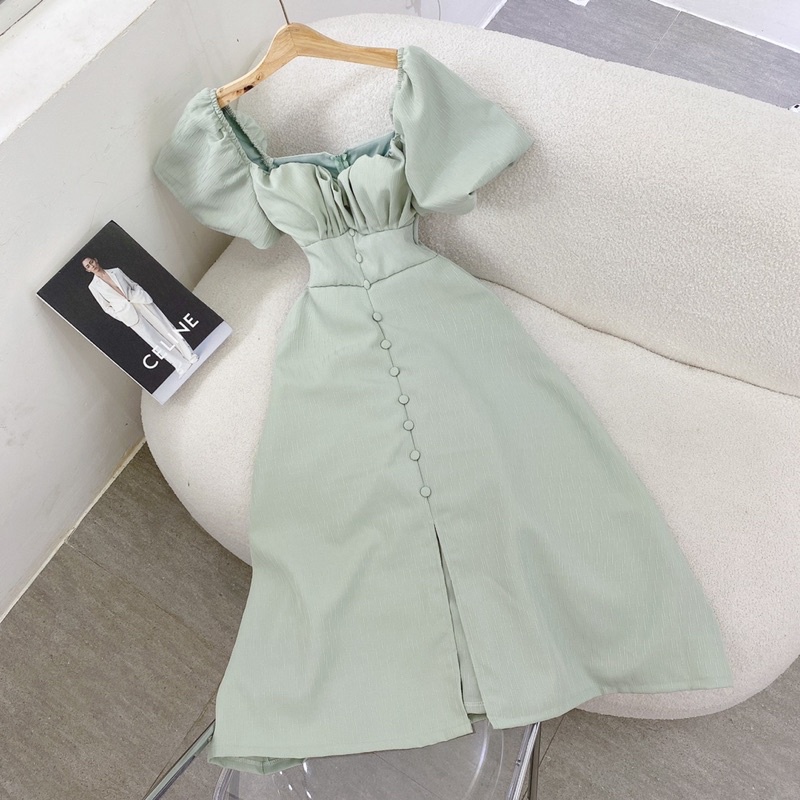 ĐẦM MIDI XANH MINT - HỒNG SEN - KEM NÚT BỌC TAY PHỒNG XẺ TÀ