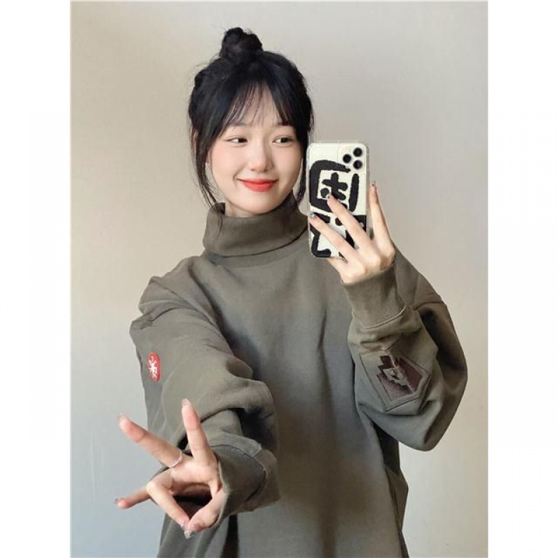 Áo Nỉ Dài Tay Cổ Cao Họa Tiết Thêu Thời Trang Thu Đông Cho Nam Nữ