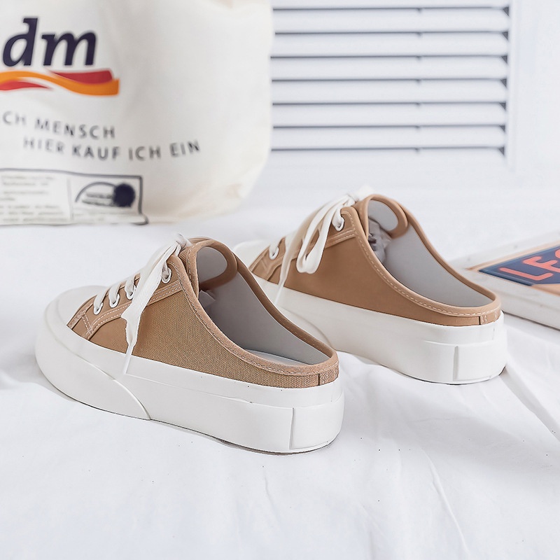 Giày Sục Thể Thao Nữ Giày BOM Sneaker Vải Canvas Đế Cao Bánh Mì Hở Gót 2 Màu Kem Vàng giayBOM GB Classics Mule B1496