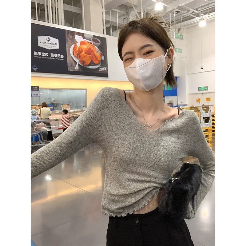 Áo len ZHELIHANGFEI tay dài cổ chữ V dáng ôm gợi cảm cho nữ