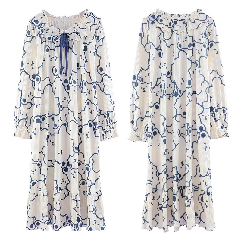Váy ngủ nữ thu đông dài tay chất cotton xuất Hàn