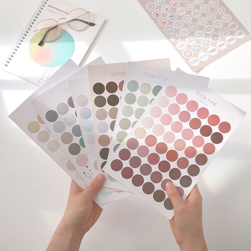 🌸SET 48 STICKER DÁN TRANG TRÍ HÌNH TRÒN NHIỀU MÀU SẮC, NHÃN DÁN TRÒN PHONG CÁCH MORANDI🌸