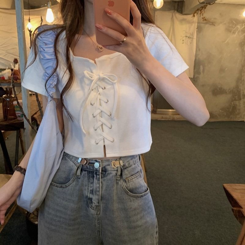 Áo Thun Croptop Tay Ngắn Cổ Vuông Thắt Nơ Có Size Lớn Dành Cho Nữ 520 Vn