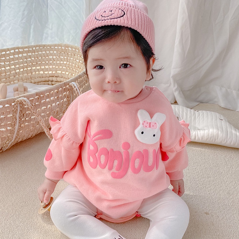 Bộ áo liền quần tay dài in hình thỏ dễ thương dành cho bé gái sơ sinh
